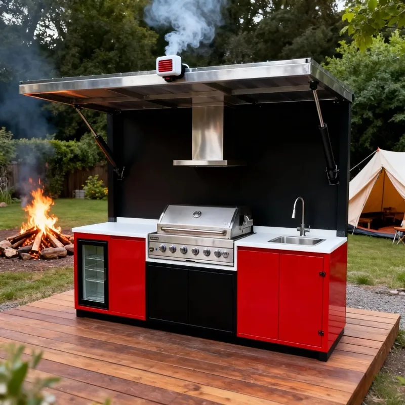 Smart Bbq Pod Built in Outdoor Aluminum Mobile Kitchen with Led Light and Metal Pull Down Closure Custom