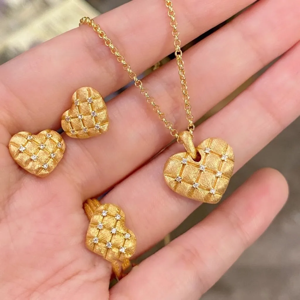 

OKLA French Style Retro Jewelry Rhombus Pattern Heart-shaped Design Pendant Necklaces Stud Earrings Gold Color Ring Jewelry Sets