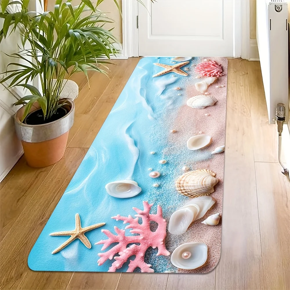 Light Blue Beach Starfish Shell Runner Mat Anti Slip Pink Coral Pearl Sand Ocean Nature Print Carpet for Kitchen Hall Bathroom