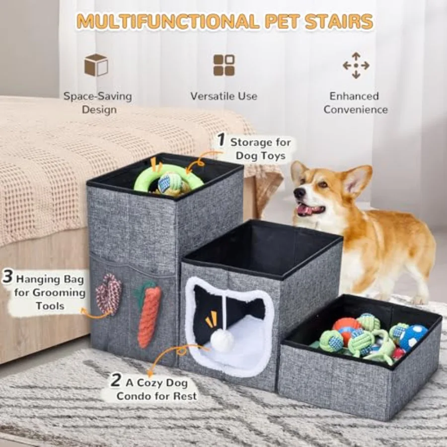 บันไดสำหรับสุนัขขนาดเล็ก Bilibrara สูง 16 นิ้ว แบบพับได้ สำหรับเตียงสูง ป้องกันการลื่น บันไดแมว 3 ขั้น พร้อมที่เก็บของและผ้าขน