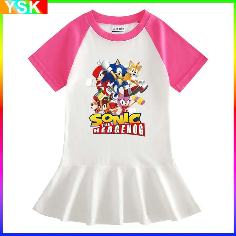 

Sonic New Korean Version of Children's Clothing Cartoon Half-sleeved Girl Dress Contrasting Color Foreign Style Pleated Skirt