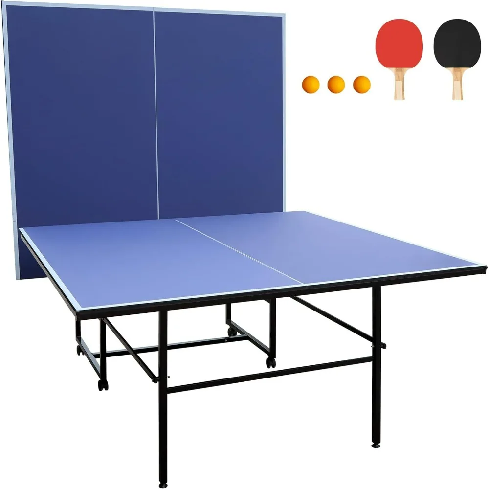 

9FT Folding Rolling Table Tennis Table Regulation Ping Pong Table with 2 Paddles 2 Balls and Post Set Fold-Up for Easy Movement