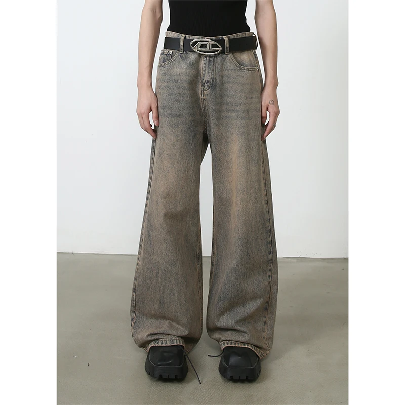 

Loose Vintage Draping Straight Jeans, Men's Casual Street Style Denim Pants With Pockets Men and Women