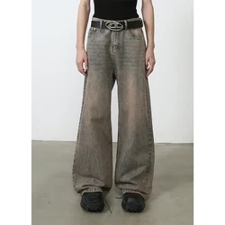 Loose Vintage Draping Straight Jeans, Men's Casual Street Style Denim Pants With Pockets Men and Women