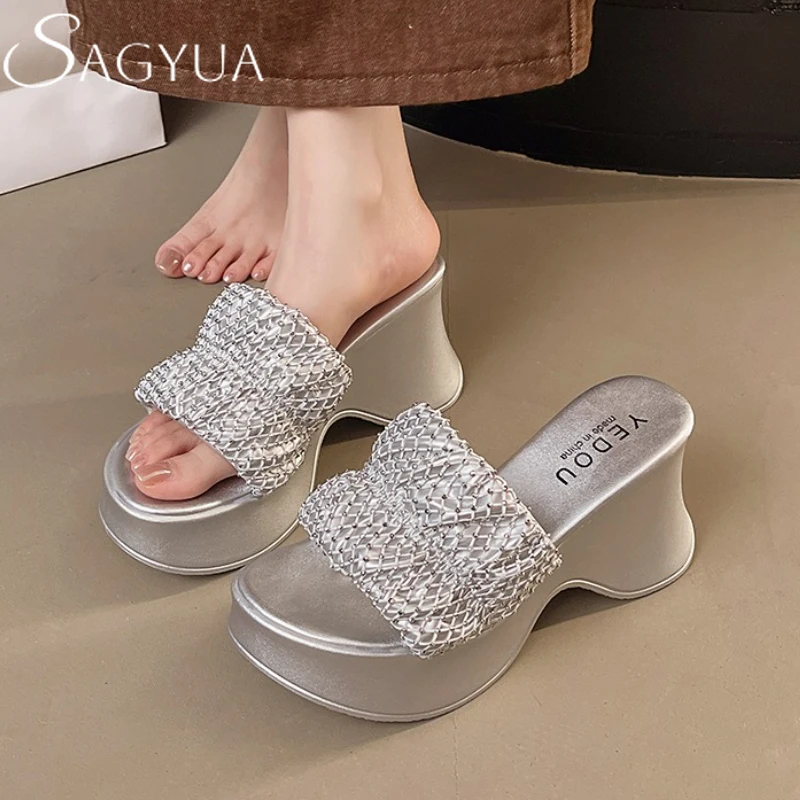 

Women Wedges Platform Slippers Crystal Summer New Sandals Luxury Party Shoes 2025 Designer High Heels Shoes Brand Women Pumps