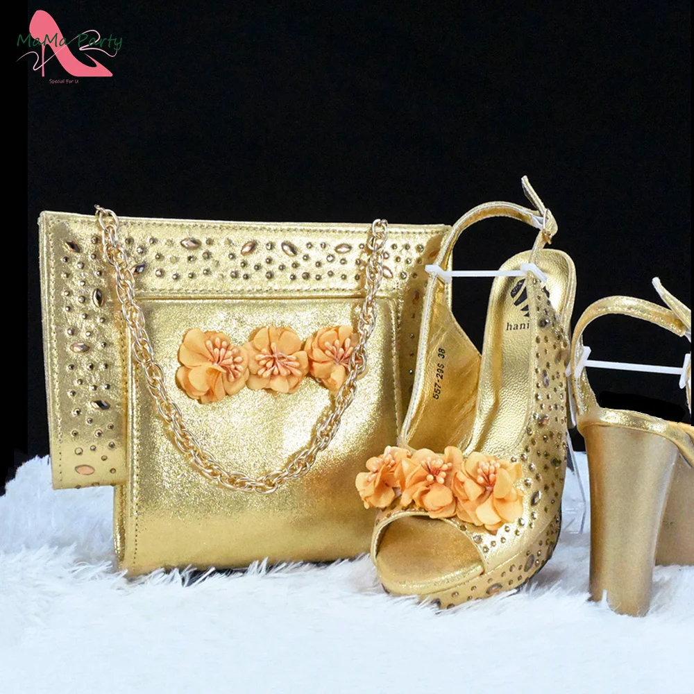 2024 Classics Italian Women Shoes and Bag Set in Gold Color Super Hihg Heels Nigerian Style Fashion Peep Toe Sandals for Wedding