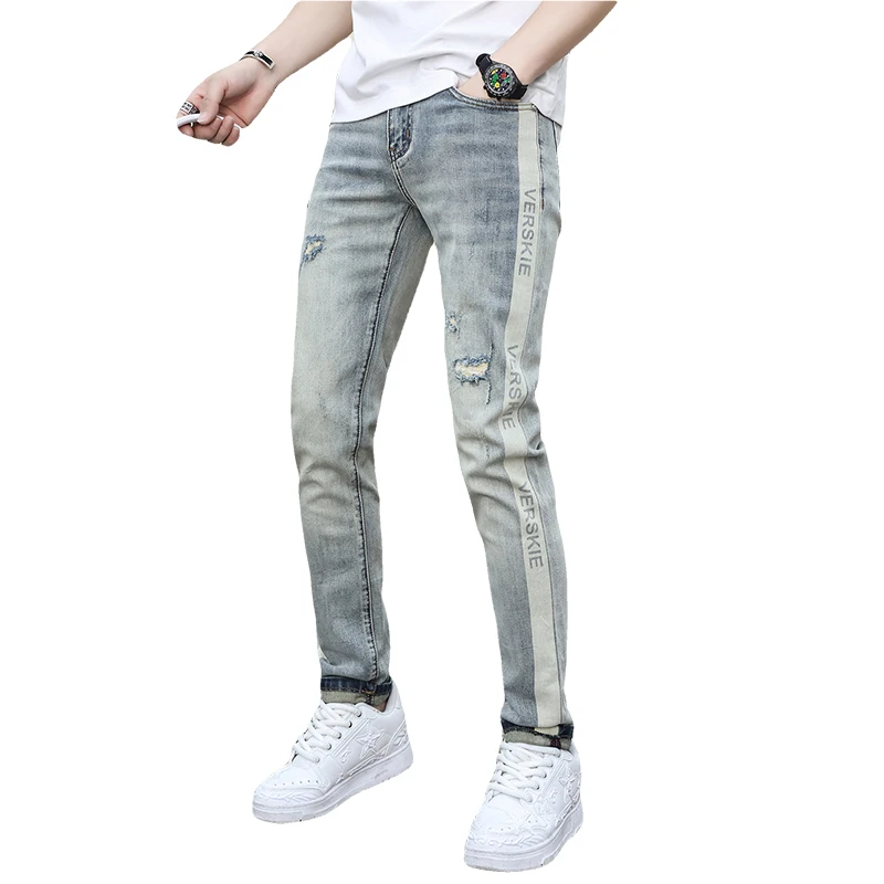 2024New Fashion Printed Jeans Men's Broken Hole Design Trendy High-End Stretch Slim Fit Skinny Light Blue Pants