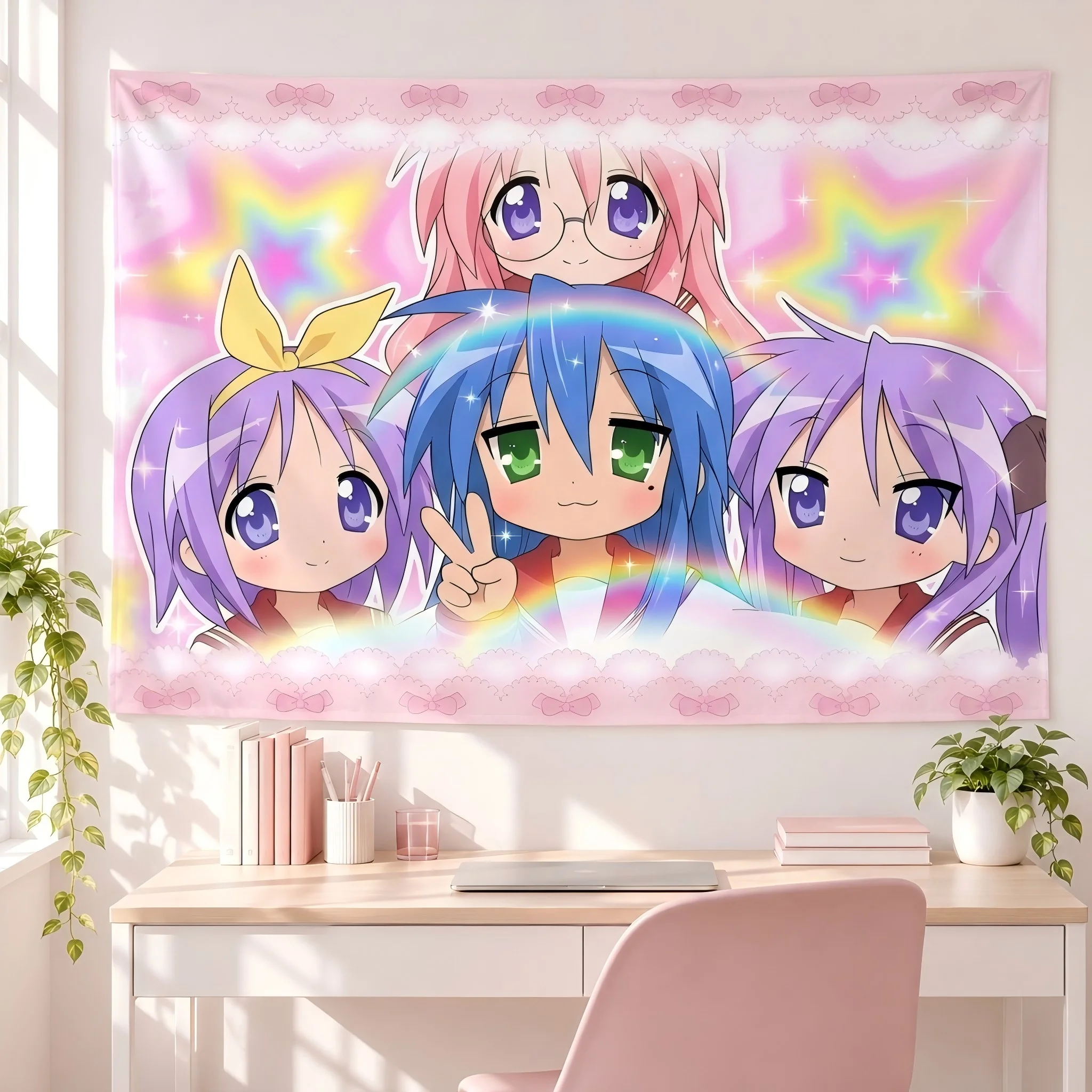 Kawaii Lucky Star Anime Tapestry Izumi Konata Hiiragi Kagami Tsukasa Takara Miyuki Wall Tapestry Bedroom Dorm Party Decor Backgr