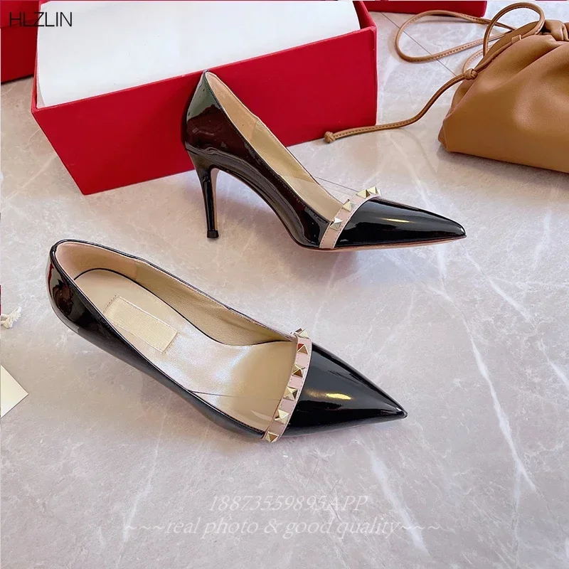 

2024 Sexy PVC Spliced Riveted Stiletto Heels Slip-on Pointed Toe Pumps Simple Party Wedding Slip-on Pointy Women's High