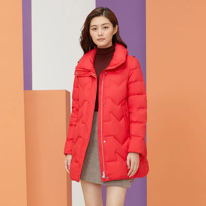 Chericom 여성용 중간 길이 다운 재킷 스탠드 칼라 슬림핏 퀼팅 디자인 화이트 덕 다운 캐주얼 따뜻한 패딩 코트 Y269080Y