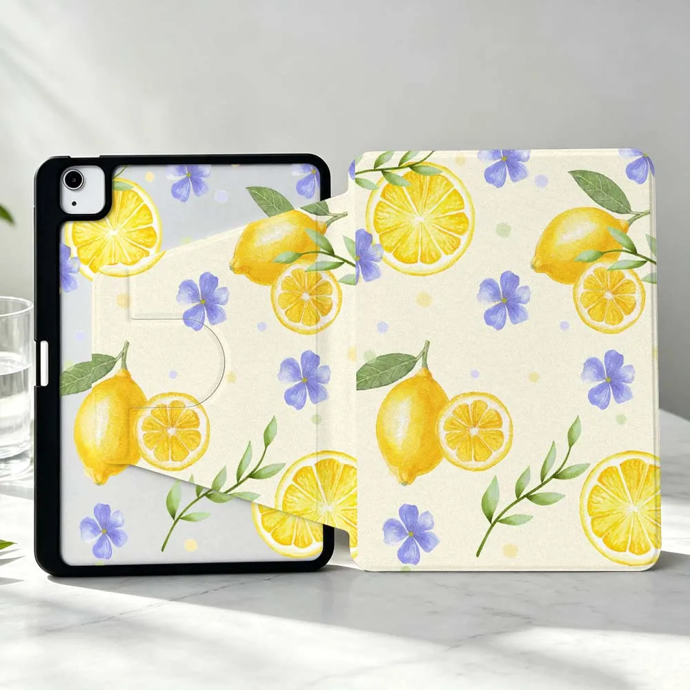 Stylish Lemon Pattern Soft For iPad Pro Air mini 6 5 4 12th M5 M4 M3 M2 A16 A17Pro 360° Rotation Stylus Storage Tablet Case