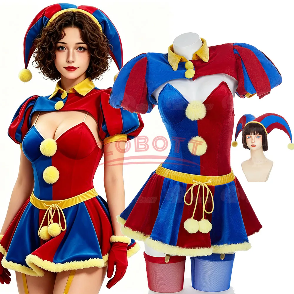 

Pamni Halloween Christmas Activities Party Cosplay Clown Girl Red And Blue Bikini Mini Dress Stockings Horror Hat Anime