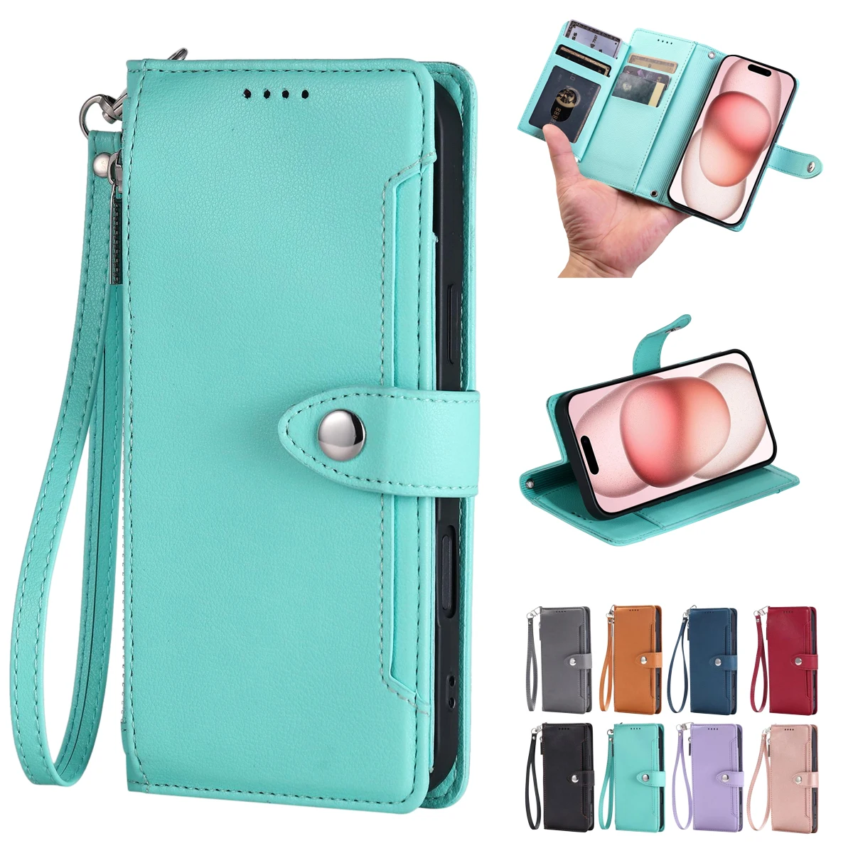 Capas de carteira para OPPO Realme 16 C65 C67 11 10 Pro Plus GT Neo 5 GT 3 C55 Note 80 com zíper, compartimento para cartões e suporte para celular