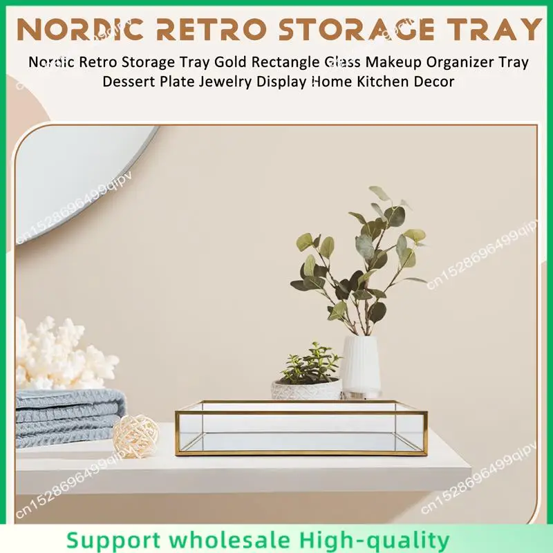 

ABSF Nordic Retro Storage Tray Gold Rectangle Glass Makeup Organizer Tray Dessert Plate Jewelry Display Home Kitchen Decor