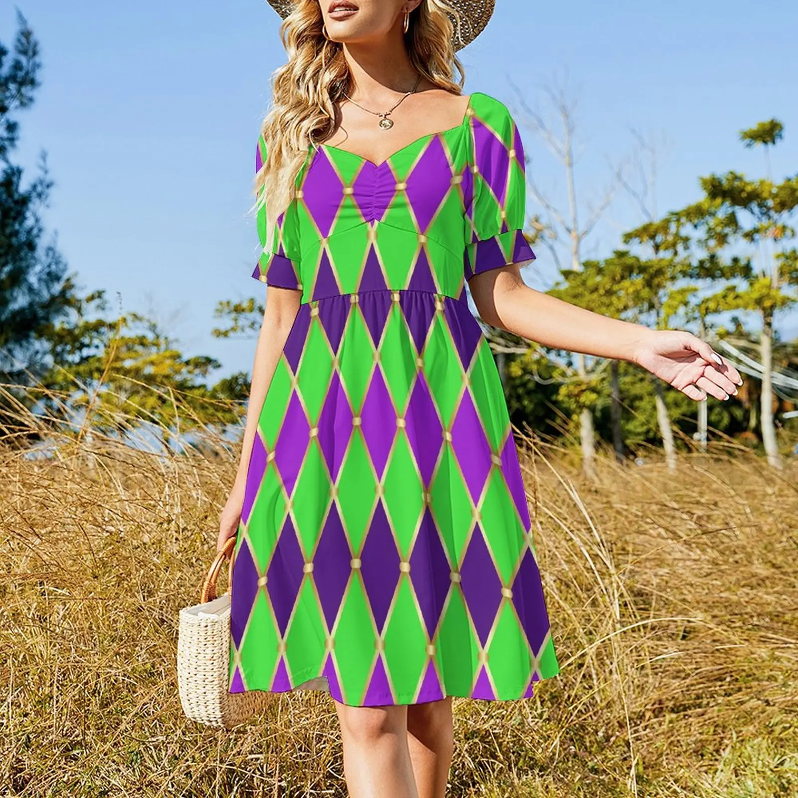 Harlequin Mardi Gras Short Sleeved Dress Long dress woman Womens dresses dresses for prom Dress