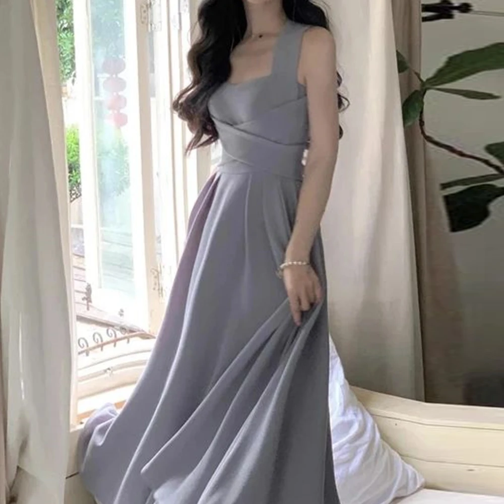 

Classic Zipper Back A-Line Solid Color Evening Dress Sleeveless Floor Length Pleats Simple Criss-Cross Jersey Square Neck Gowns