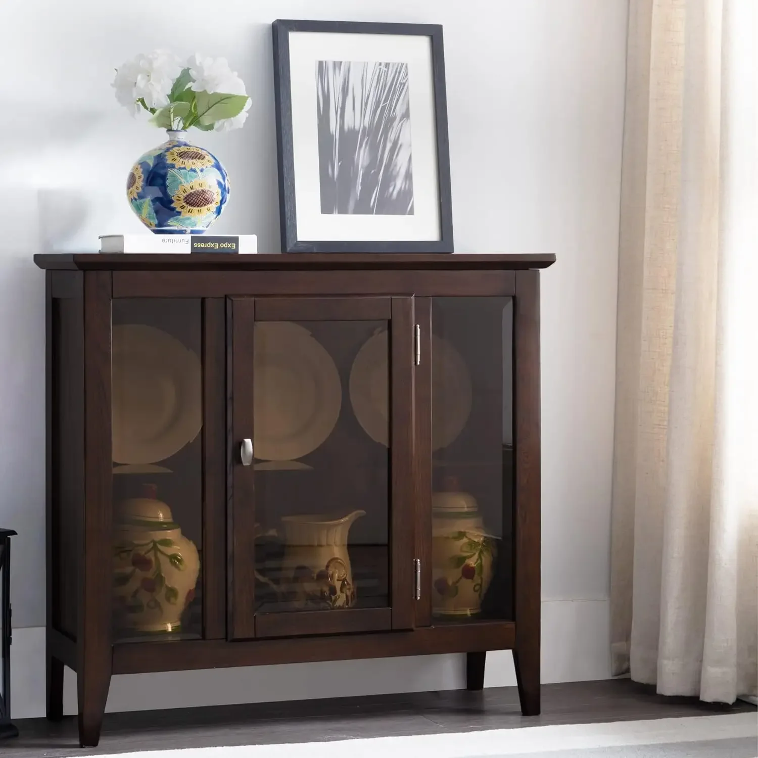 Furniture Entryway Curio Cabinet with Interior Light, Chocolate Oak