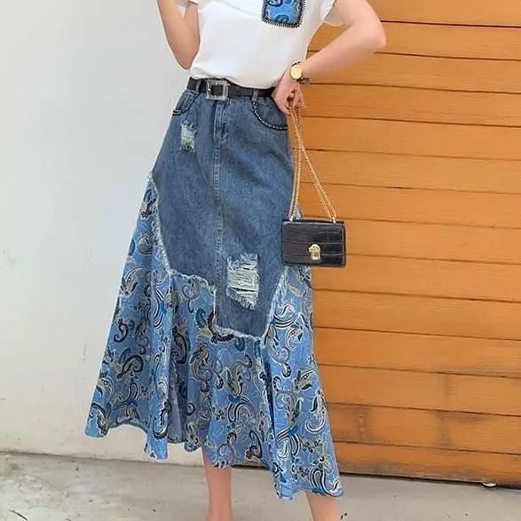 

2024 Summer New Women's Cowboy Skirt Loose Commuter Casual Printed Splicing High Waist Skirt