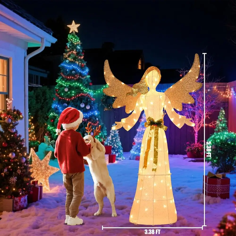 زينة عيد الميلاد الملاك اللامعة ثلاثية الأبعاد المضاءة مسبقًا، بطول 5 أقدام مع فيونكة وأجنحة قابلة للطي للاستخدام الخارجي أو الداخلي #3