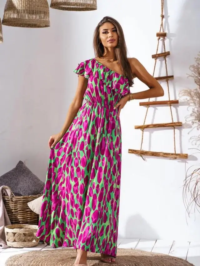 Maxi abito allentato da donna primavera estate con spalle scoperte tunica senza maniche abito Slim elasticizzato con stampa floreale abito lungo Boho da festa