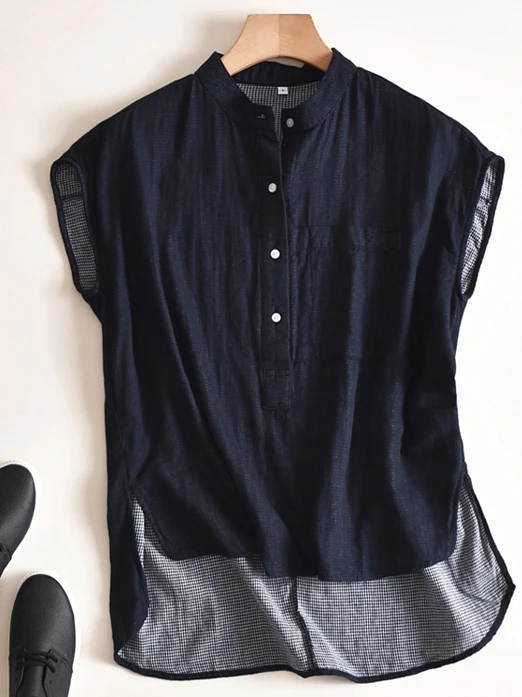 

Повседневный хлопковый и льняной мягкий свободный воротник-стойка, женский удобный дышащий летний топ в Корейском стиле для похудения