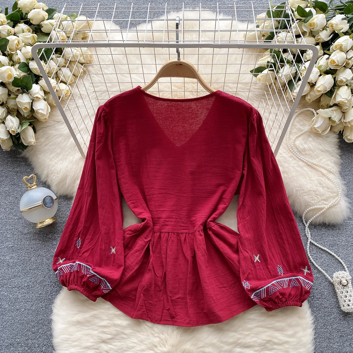 Autumn Women Vintage Ethnic Style Puff Sleeve Embroidery Shirt Ladies V-neck Design Niche Chic Light Luxury Elegant Top