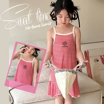Girls Summer Cotton Dress 6 Girls' Summer Cotton Dresses Children's Fashion Dresses Thin Girls' Halter Dresses Children's Flower Dresses Dot Dresses Plaid D 6