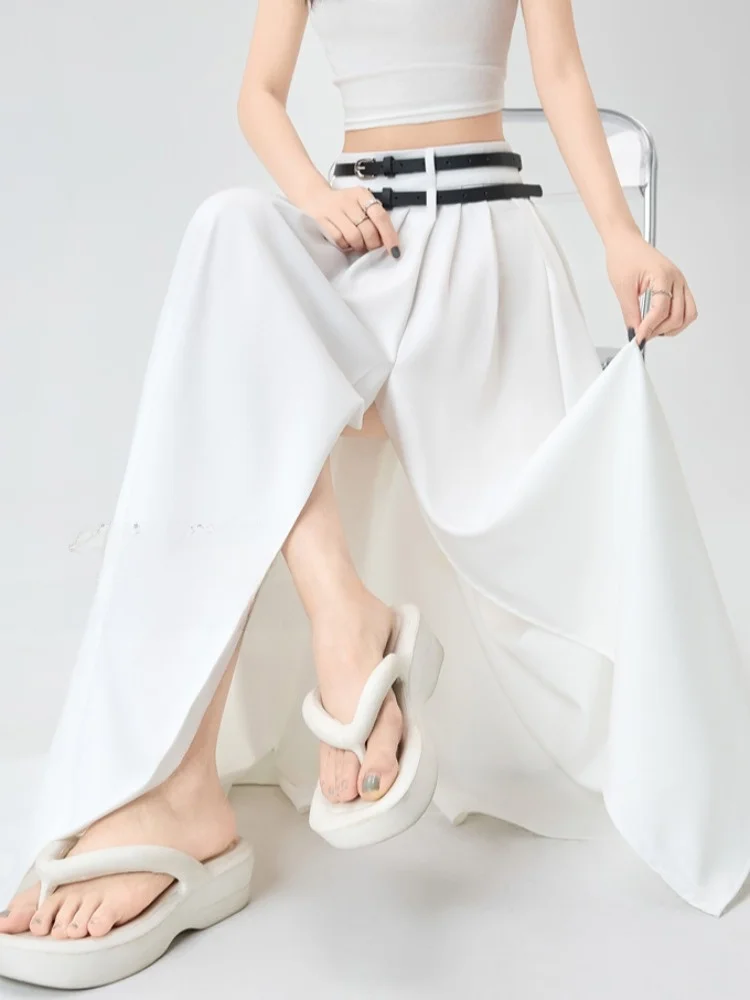 여성용 여름 디자인 하이웨이스트 드레이프 사이드 슬릿 플리츠 롱 스커트 한국 스타일 출퇴근용