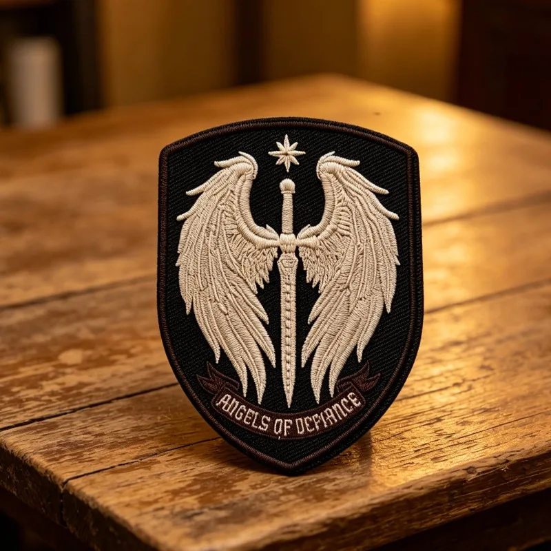 Angels of Defiance Erzengel-Schwert Bestickter Aufnäher Taktisches Klett-Moralabzeichen, Engelsflügel-Schild-Patch für Rucksack