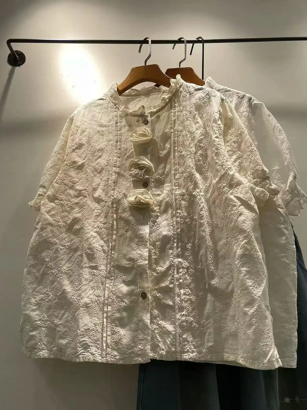 Bust 114cm Mori kei fashion cotton sweet lace embroidery shirts 3d rose flower short sleeve blouses lolita cute clothes