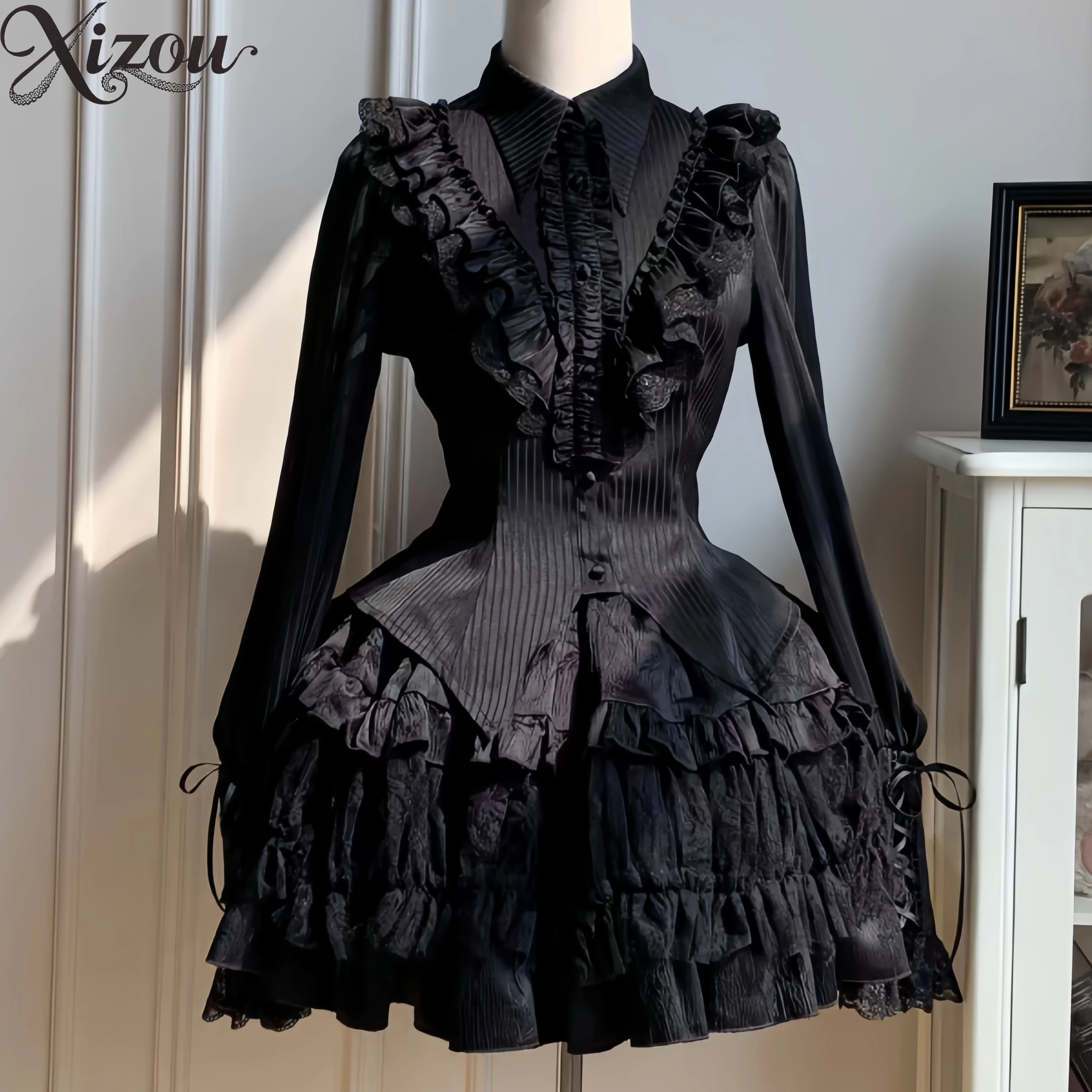 

Black Lolita Long Sleeve Inner Shirt Gothic Court Style Spring Summer Slimming Versatile Women Shirts Elegant Blouse Femmes