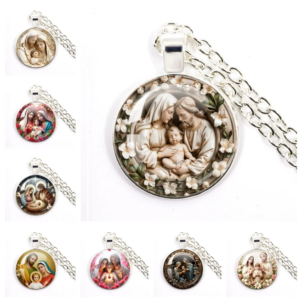 Clássico a sagrada família pingente de vidro colar católico santo joseph virgem maria jesus colar jóias presente 1pc atacado