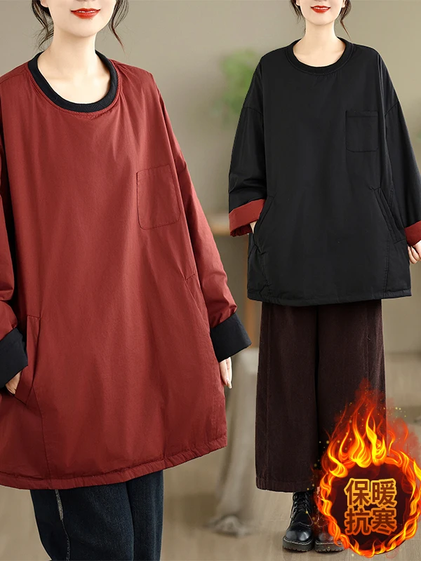 معطف شتوي نسائي من القطن من Thiened فضفاض مناسب للفني معطف شتوي طويل Sve مستدير Ne بطول منتظم للتنقل