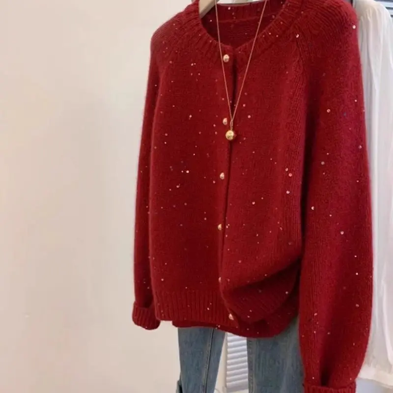 Gentle atmosphere sequined round neck sweater cardigan for women Spring and Autumn retro red soft and sticky knitted jacket