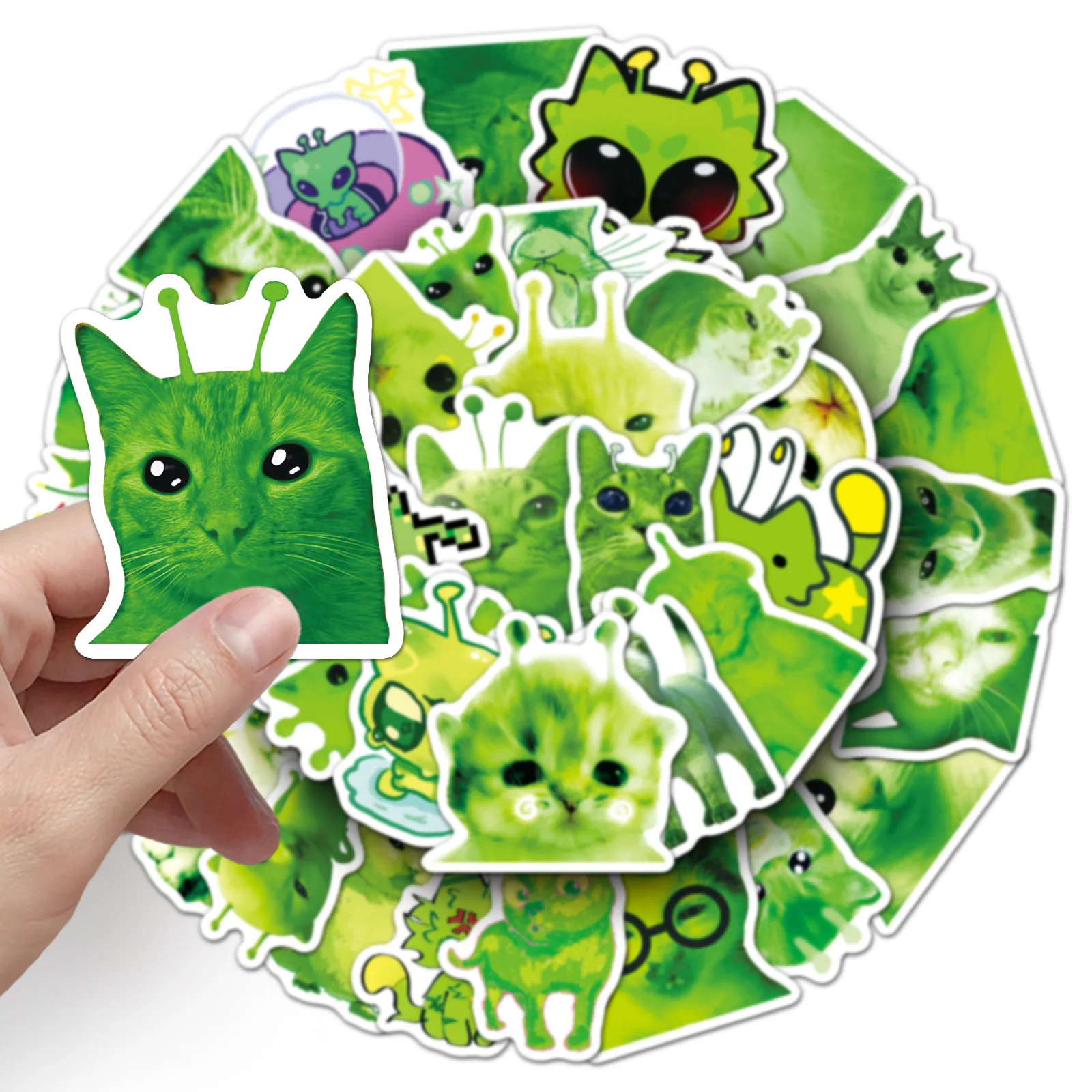 10/50 Pezzi Adesivi Gatto Alieno Astratto Meme Divertente Gatto Animale Verde per Computer Notebook Cancelleria Fai da Te Giocattoli Segreti