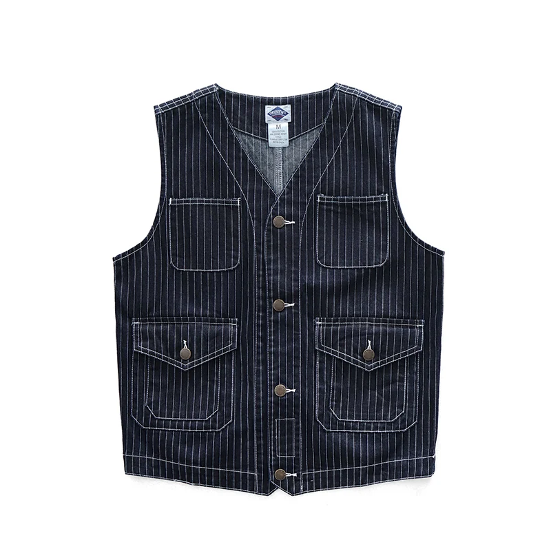 12.5 oz Vintage Vertical Striped Denim Vest for Men Feel Hard American Casual Multi Pockets 100% Cotton Indigo Washed Suit Vest