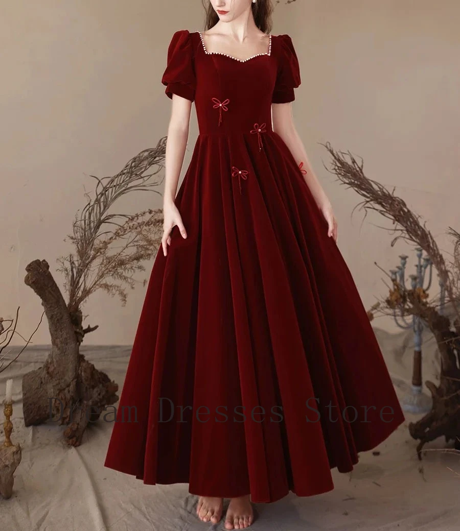 Customized High quality Velour Bow Pearl Criss-Cross Draped A-line Square Neck Long Dresses Bespoke Occasion Dresses Exquisite