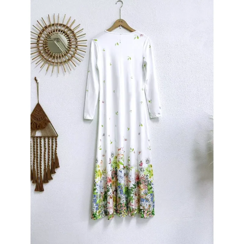 Spring and Summer New Style Elegant Floral Print Casual Long-sleeved Dress Fashionable Loose Ankle Dress