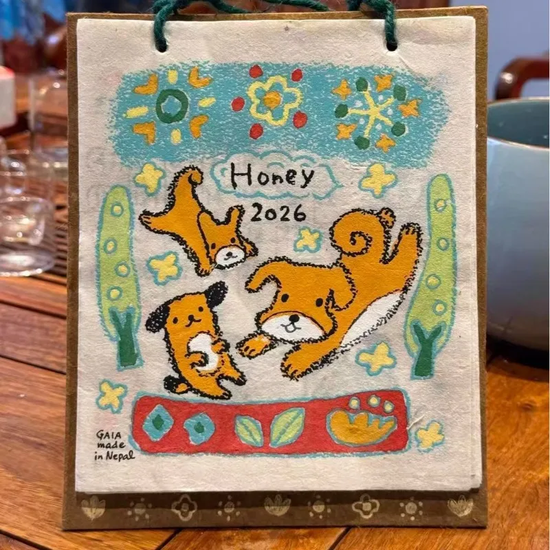 

2026 Nepalese Art Wall Calendar - Handmade Dog Doodle Illustration with Animal Themes, Decorative Hanging Gift