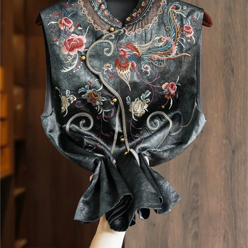 Disc acetic acid new Chinese waistcoat women's heavy industry national style embroidery top