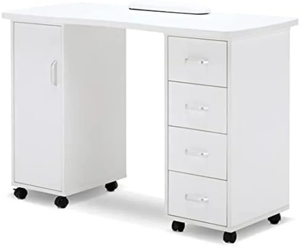 

BarberPub Manicure Table, Acetone Resistant Nail Desk, Nail Table with 4 Drawers, 2 Cabinet, Lockable Wheels, Wrist Pad