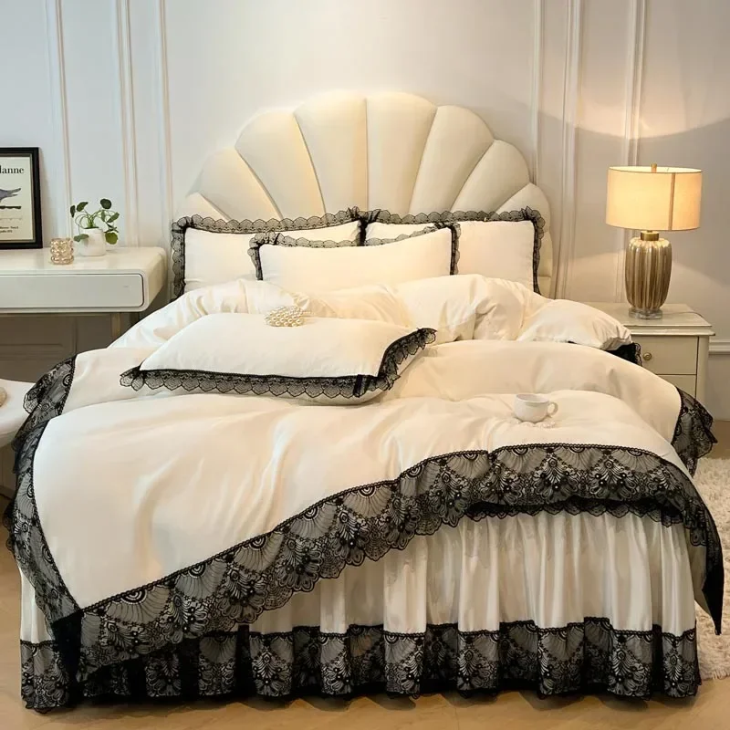 French Romantic Bedding Sets Luxury Lace Duvet Cover Set Bed Skirt and Pillowcases Queen King Size Bed Linen Set 220×240