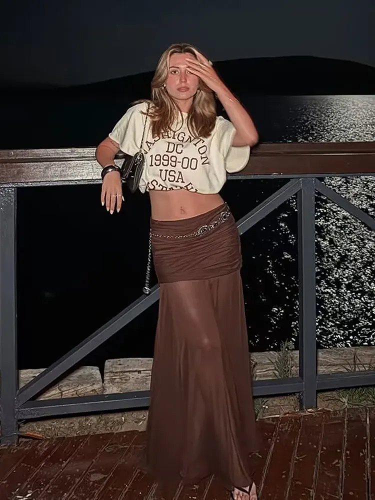 

HH женская летняя модная коричневая юбка-миди, однотонная полупрозрачная винтажная плиссированная юбка трапециевидной формы с боковой молнией