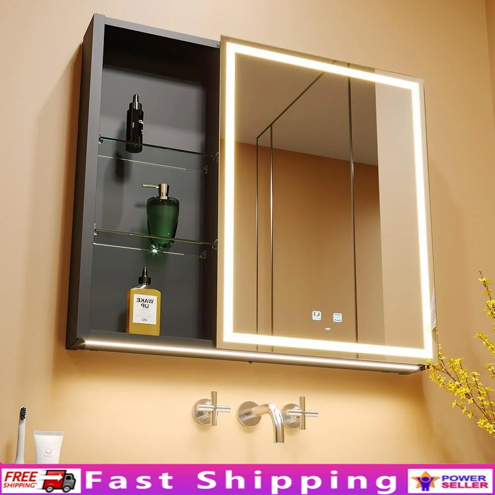 LED Bathroom Mirror Cabinet Defogger Dimmable Adjustable Lighting USB Socket Wall Mounted Bathroom Storage Makeup Mirror