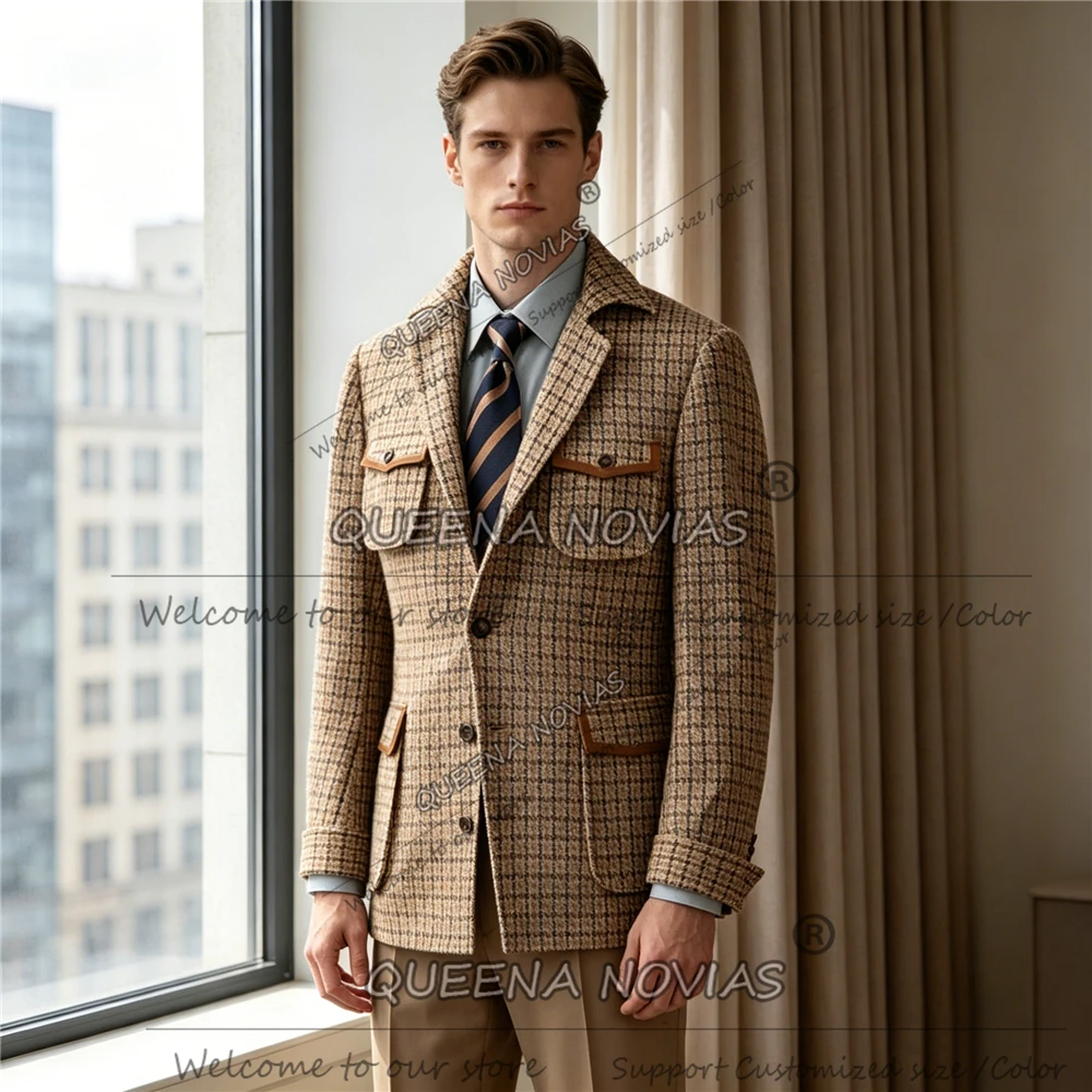 Classic Business Suit Men 2 Pieces Sets Single Breasted Jacket With Trousers Customized Plaid Checked Prom Blazer Man Outfits