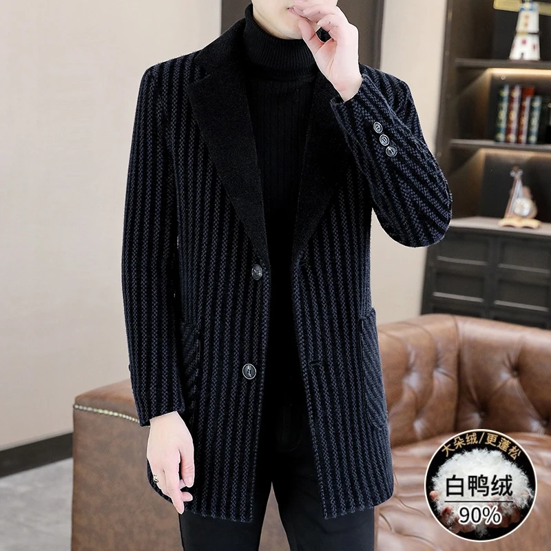 Classic Winter Men\'s Mid-Length Warm White Duck Down Woolen Coats Casual Striped Thicken Top Overcoat Outwear Windbreaker Jacket