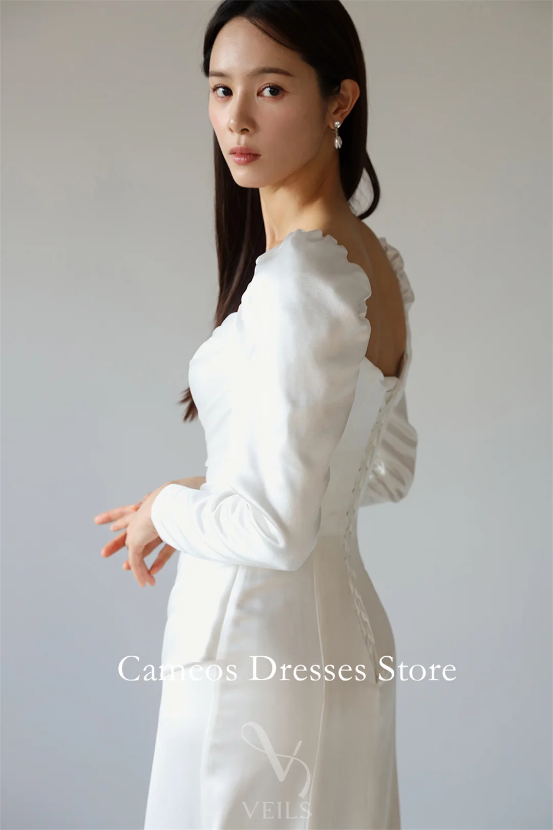 Sondr personalizado pescoço quadrado mangas compridas vestidos de casamento simples sereia cetim espartilho coreia vestidos de noiva feminino