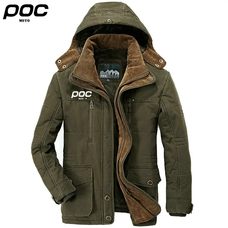 MOTO POC Solid Color Mens Cycling Jackets Hooded Thick Fleece Military Coat Fur Collar Warm Windbreaker Casual Outdoor Overcoat