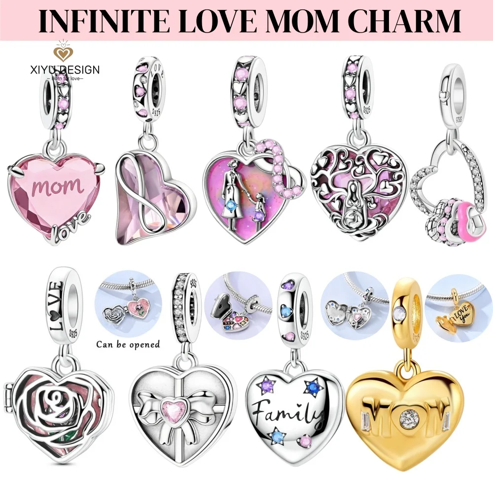 

925 Sterling Silver Infinite Love Pink Heart Love Mom Charm Pendant DIY Bracelet Necklace Women Fine Jewelry Mother’s Day Gift