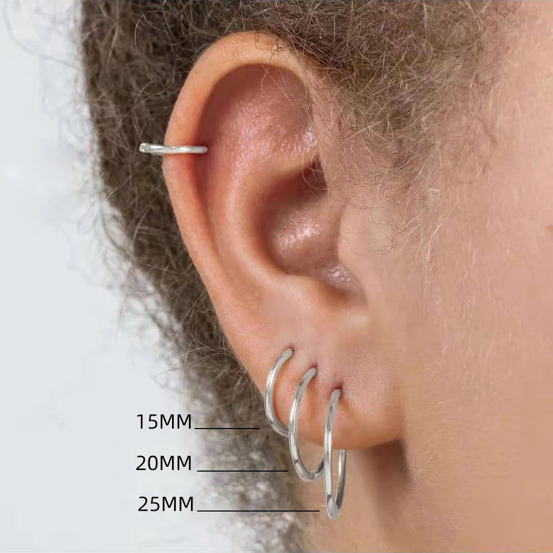 15/20/25mm Stainless Steel Hoop Earring Set For Women Men Silver Color Simple Cartilage Huggie Ear Buckle Jewelry 3pair